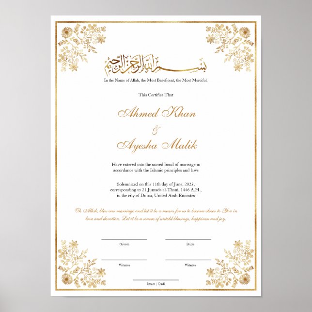 Elegant Nikkah Certificate Muslim Islamic Wedding Poster (Framsidan)