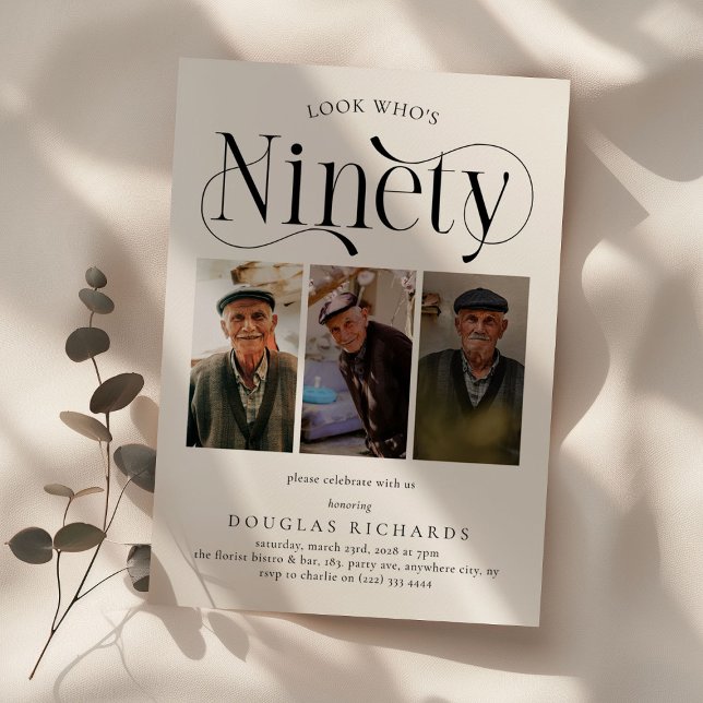 Elegant NINETY 3 fotokollage 90:e födelsedag Inbjudningar (Skapare uppladdad)