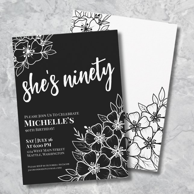 Elegant Nittio Svartvit 90:e Födelsedagsfest Inbjudningar (Elegant Ninety Black White 90th Birthday Party Invitation)