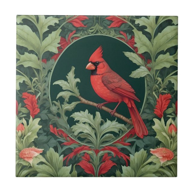 Elegant Northern Cardinal William Morris Inspired Kakelplatta (Framsidan)