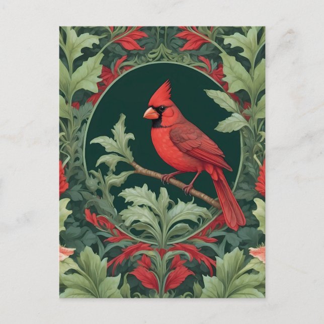 Elegant Northern Cardinal William Morris-inspirera Vykort (Framsida)
