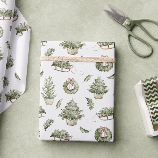 Elegant Nostalgisk Julmönster  Presentpapper (elegant vintage nostalgic rustic cottagecore Christmas tree wreath pattern wrapping paper )