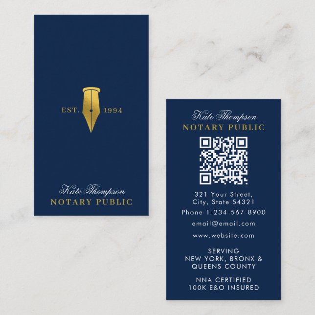 Elegant Notarie Signeringsagent QR-kod Blå Guld Visitkort (Fram/baksida)