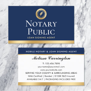 Elegant Notary Loan Signing Agent Guld marin Blue Visitkort