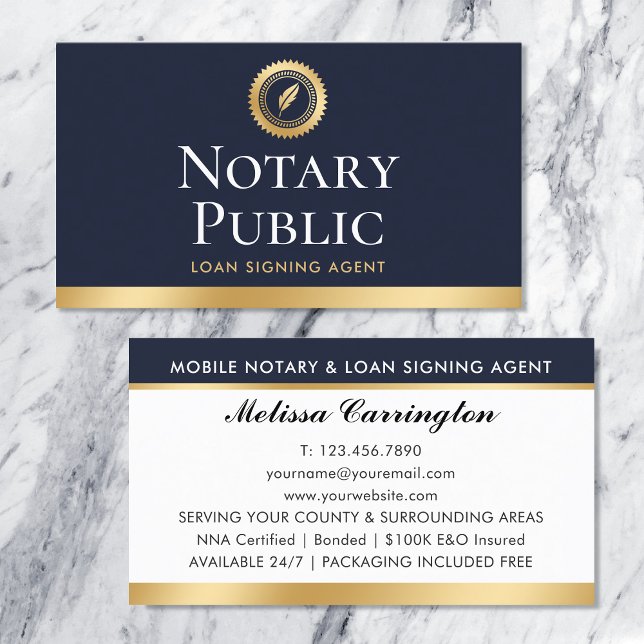 Elegant Notary Loan Signing Agent Guld Mörk blått Visitkort (Skapare uppladdad)