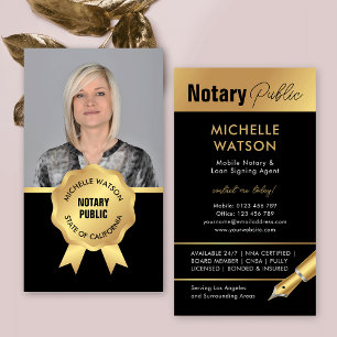 Elegant Notary Public Photo Black & Guld Visitkort