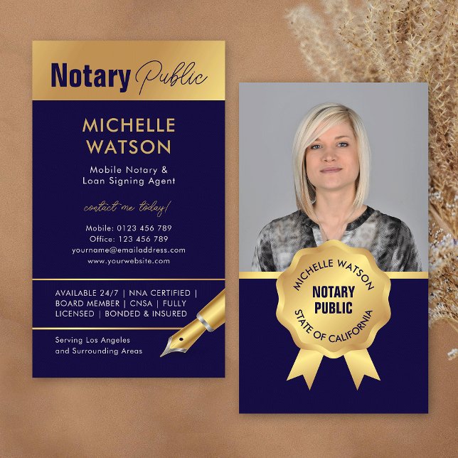 Elegant Notary Public Photo Navy & Guld Visitkort (Modern notary photo business cards in navy blue and gold)