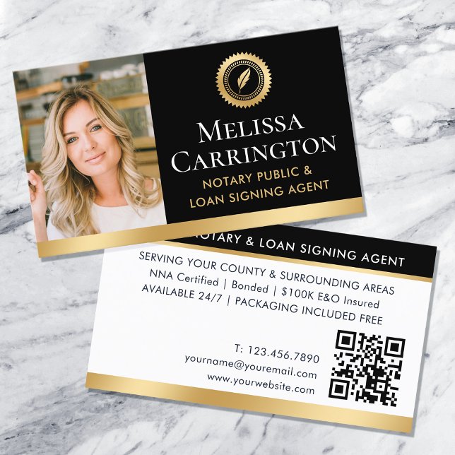 Elegant Notary Public Photo QR Code Guld Black Visitkort (Skapare uppladdad)