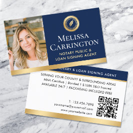Elegant Notary Public Photo QR Guld Navy Blue Visitkort
