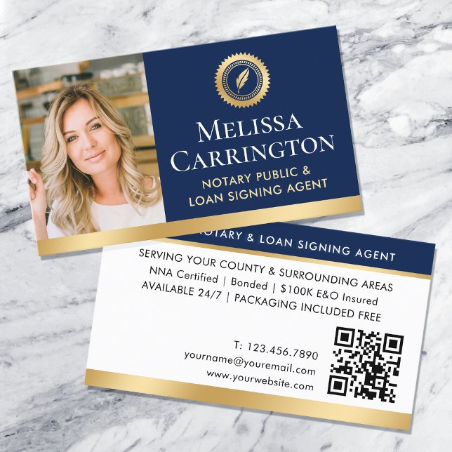 Elegant Notary Public Photo QR Guld Navy Blue Visitkort (Skapare uppladdad)
