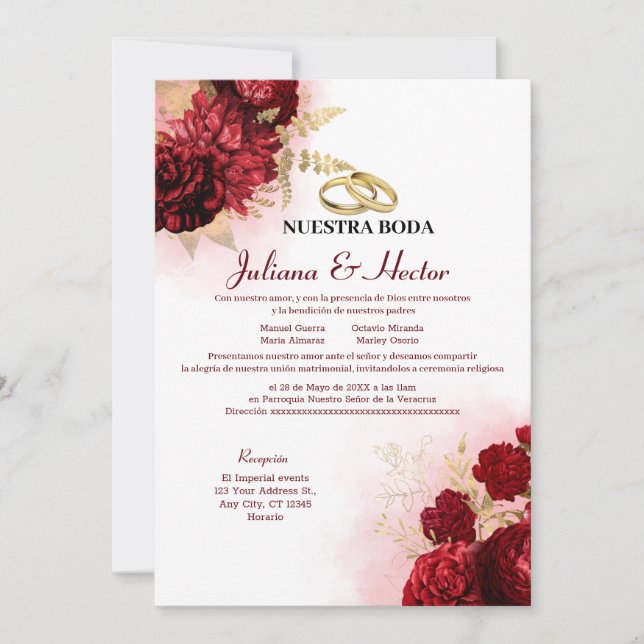 Elegant Nuestra Boda Red Blommigt Bröllop Inbjudningar (Framsida)