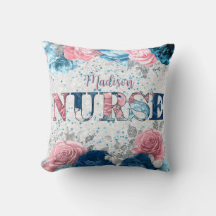 Elegant Nurse Rosa Blue Silver Personlig Blommigt Kudde