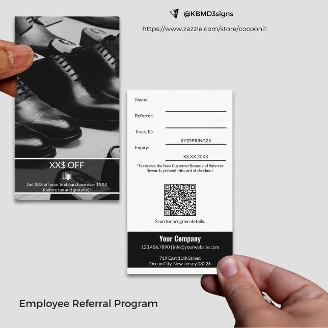 Elegant Ny kundrabatt, medarbetare belönad Rabattkort (Elegant New Customer Discount Employee Reward Referral Card, Black & White Business Card Size Design)