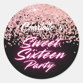 Elegant Nyare Rosa Black Retro Sweet 16:e födelsed Runt Klistermärke