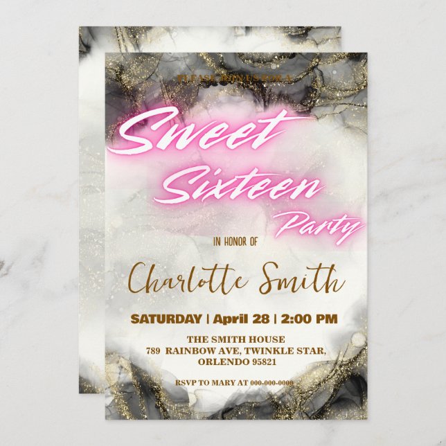 Elegant Nyare rosa retro Guld Sweet 16:e födelseda (Fram/baksida)