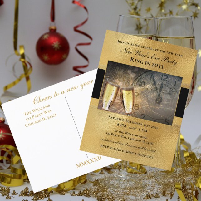 Elegant Nyårsafton Black Guld Party-inbjudan Vykort (New Years Eve Party Invitations and decorations. Postcard invitations and flat cards. Decor, favors.)