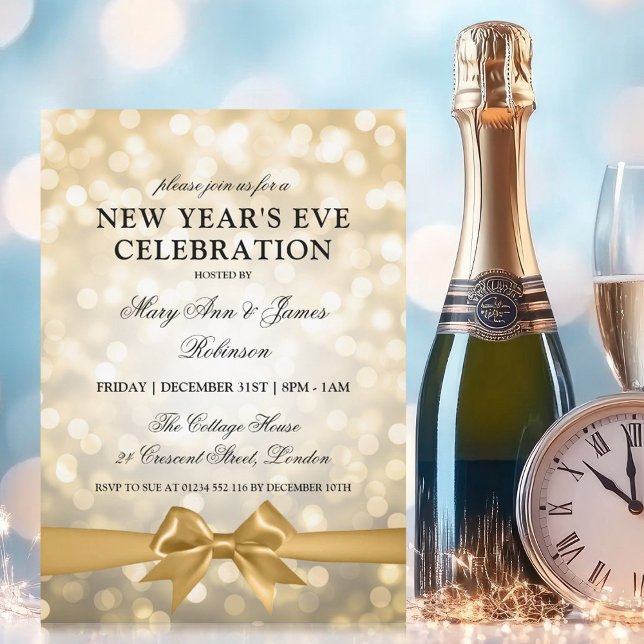 Elegant Nyårsafton Guld bokeh Ljus Bow Inbjudningar (Elegant New Years Eve Gold Bokeh Lights Bow Invitation)