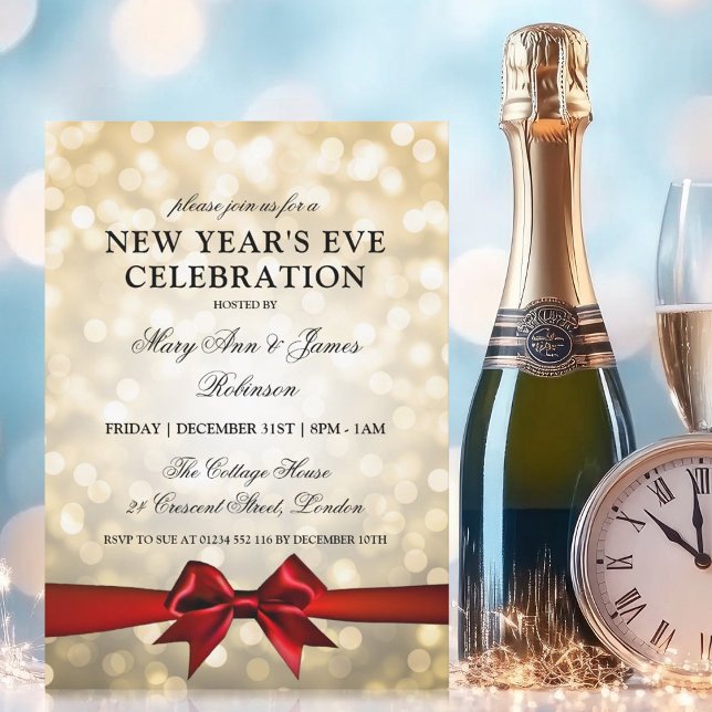 Elegant Nyårsafton Guld bokeh Ljus Red Bow Bow Inbjudningar (Elegant New Years Eve Gold Bokeh Lights Red Bow Invitation)