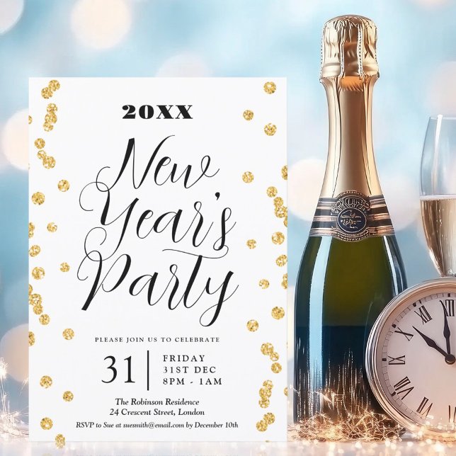 Elegant Nyårsafton Guld Glitter Konfetti Inbjudningar (Elegant New Years Eve Gold Glitter Confetti Invitation)
