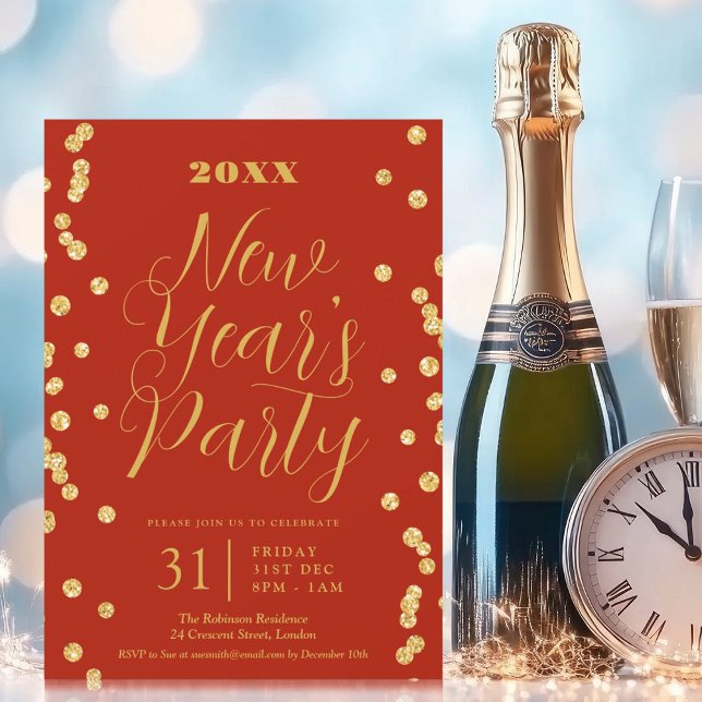 Elegant Nyårsafton Guld Glitter Konfetti Red Inbjudningar (Elegant New Years Eve Gold Glitter Confetti Red Invitation)