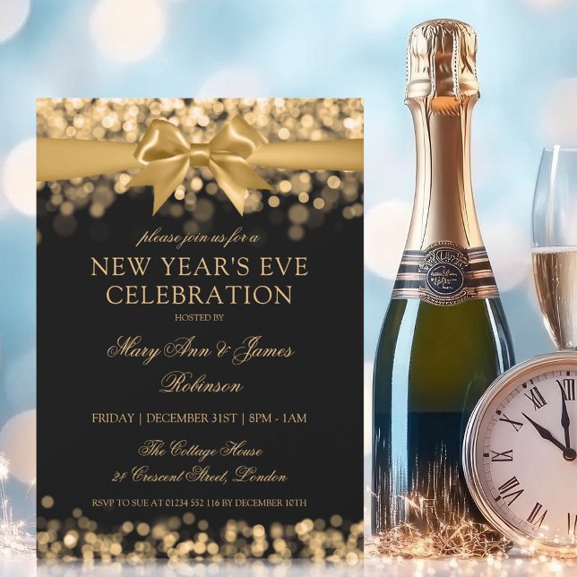 Elegant Nyårsafton Guld Shimmer Ljus Bow Inbjudningar (Elegant New Years Eve Gold Shimmer Lights Bow Invitation)