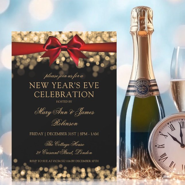 Elegant Nyårsafton Guld Shimmering Ljus Bow Inbjudningar (Elegant New Years Eve Gold Shimmering Lights Bow Invitation)