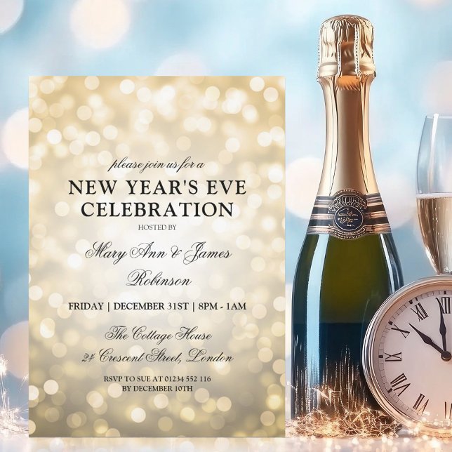 Elegant Nyårsafton Party Guld Bokeh Ljus Inbjudningar (Elegant New Years Eve Party Gold Bokeh Lights Invitation)