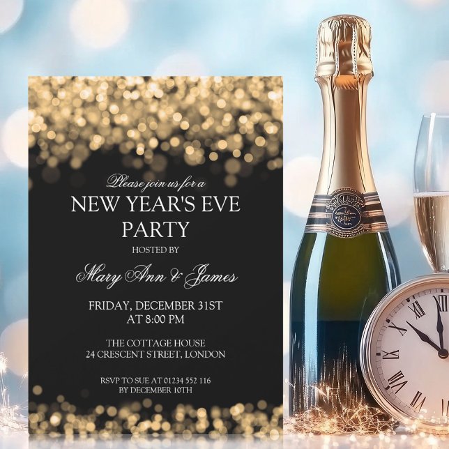 Elegant Nyårsafton Party Guld Ljus Inbjudningar (Elegant New Years Eve Party Gold Lights Invitation)