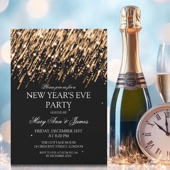 Elegant Nyårsafton Party Guld Stars & Sparkles Inbjudningar (Elegant New Years Eve Party Gold Stars & Sparkles Invitation)