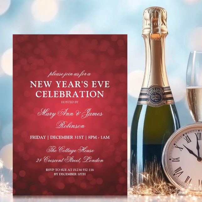 Elegant Nyårsafton Red Bokeh Ljus Inbjudningar (Elegant New Years Eve Red Bokeh Lights Invitation)