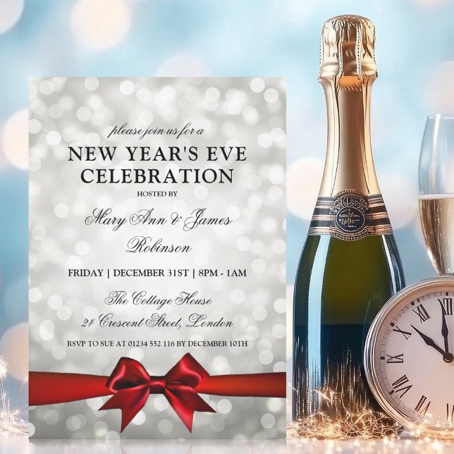 Elegant Nyårsafton Silver bokeh Ljus Red Bow Bow Inbjudningar (Elegant New Years Eve Silver Bokeh Lights Red Bow Invitation)
