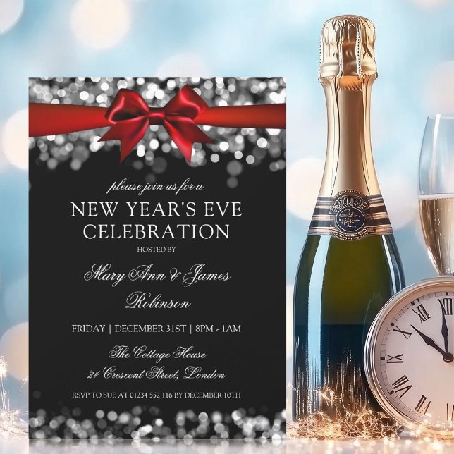Elegant Nyårsafton Silver Shimmering Ljus Bow Inbjudningar (Elegant New Years Eve Silver Shimmering Lights Bow Invitation)