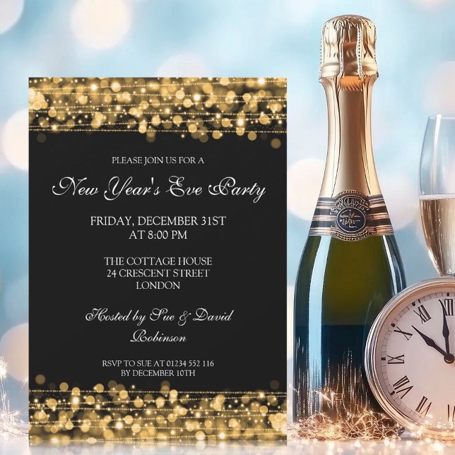 Elegant Nyårsfest Glänsande Guld Inbjudningar (Elegant New Years Eve Party Sparkles Gold Invitation)