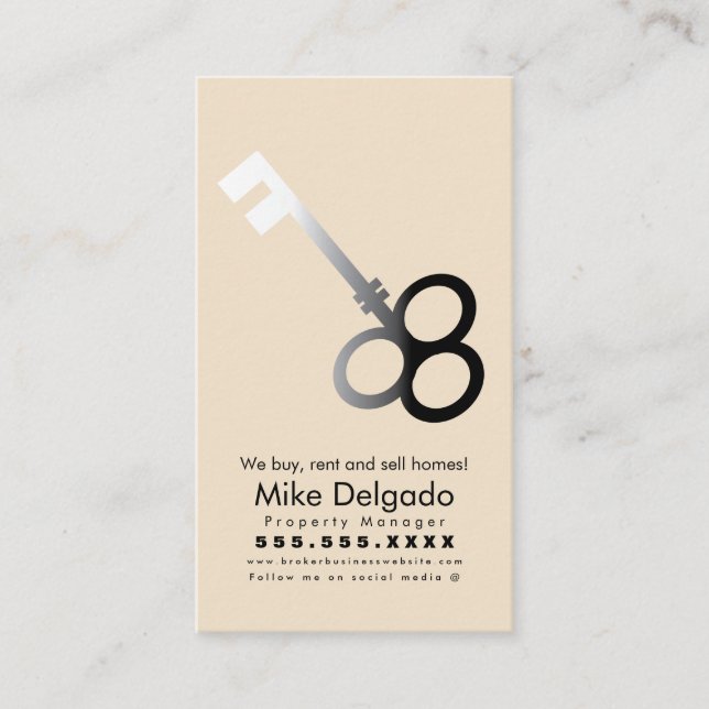 Elegant nyckel hem sälj mäklare beige visitkort (Framsida)