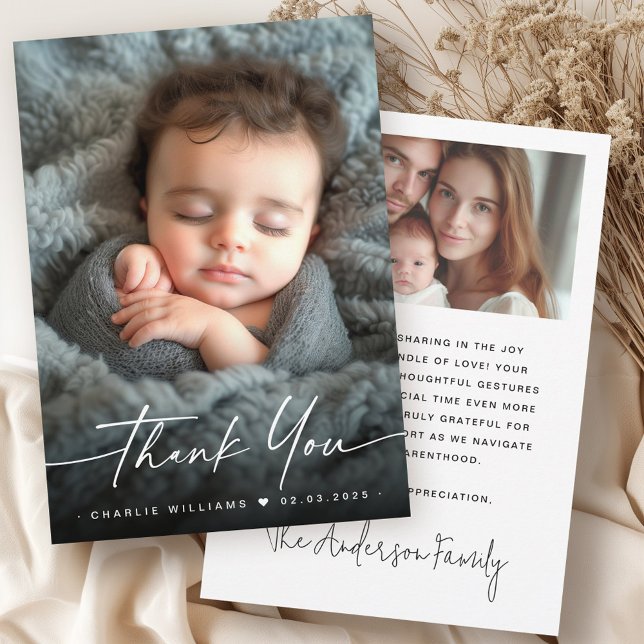 Elegant nyfödd bebis-meddelande - tack för fototac (Elegant new baby announcement photo thank you)