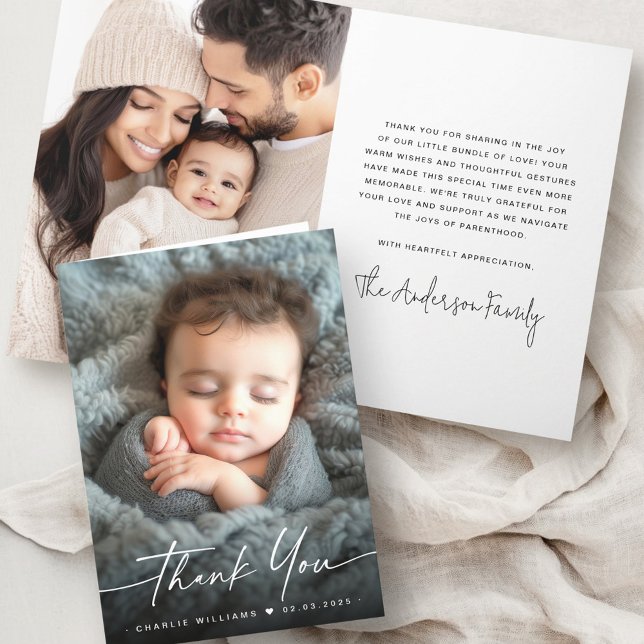 Elegant nyfödd bebis-meddelande - tack för fototac (Elegant new baby announcement photo thank you)