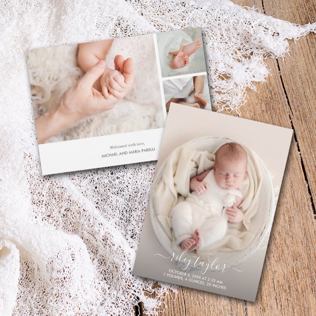 Elegant Nyfött foto Collage Birth Meddelande (Elegant Newborn Multiple Photo Collage Birth Announcement PRINTED & INSTANT DOWNLOAD)