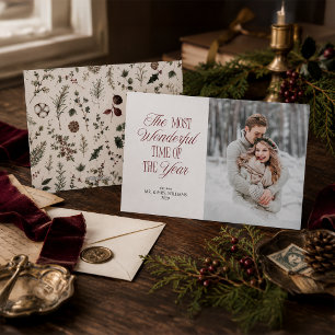 Elegant Nygift Mr & Mrs Botanisk Jul Foto Julkort