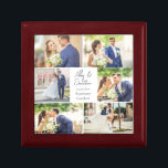 Elegant Nyligen gift, gift par fotokollage Minnesask<br><div class="desc">Den här vackra,  nylånade paret keepsaklådan har en klasslayout på 6 bröllop foton på en vit bakgrund med det gifta parets namn,  plats och datum. En underbar minnesstund för din fru eller make att uppskatta för evigt.</div>