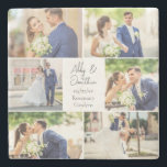 Elegant Nyligen gift, gift par fotokollage Stenunderlägg<br><div class="desc">Det här vackra,  nyklippta paret keepsaksten underlägg gåva med en klasslayout på 6 bröllop foton på en vit bakgrund med det gifta parets namn,  plats och datum. En underbar minnesstund för din fru eller make att uppskatta för evigt.</div>