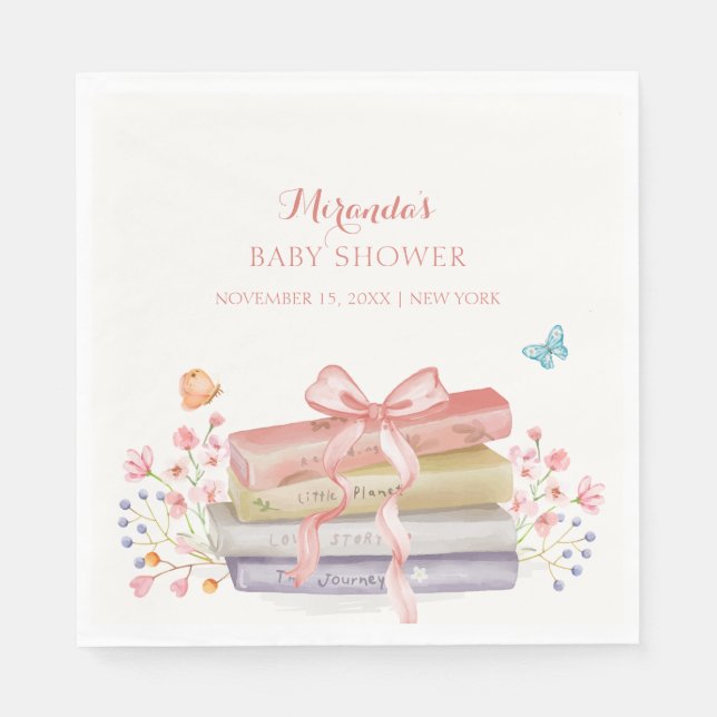 Elegant Nytt kapitel Blommigt Bow Bok Baby Shower Pappersservett (Framsidan)