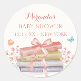 Elegant Nytt kapitel Blommigt Bow Bok Baby Shower Runt Klistermärke