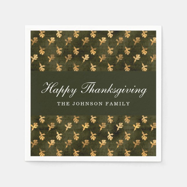 Elegant Oak Leaves Green Thanksgiving Pappersservett (Framsidan)