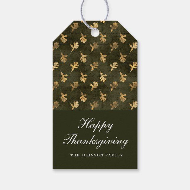 Elegant Oak Leaves Green Thanksgiving Presentetikett (Framsidan)