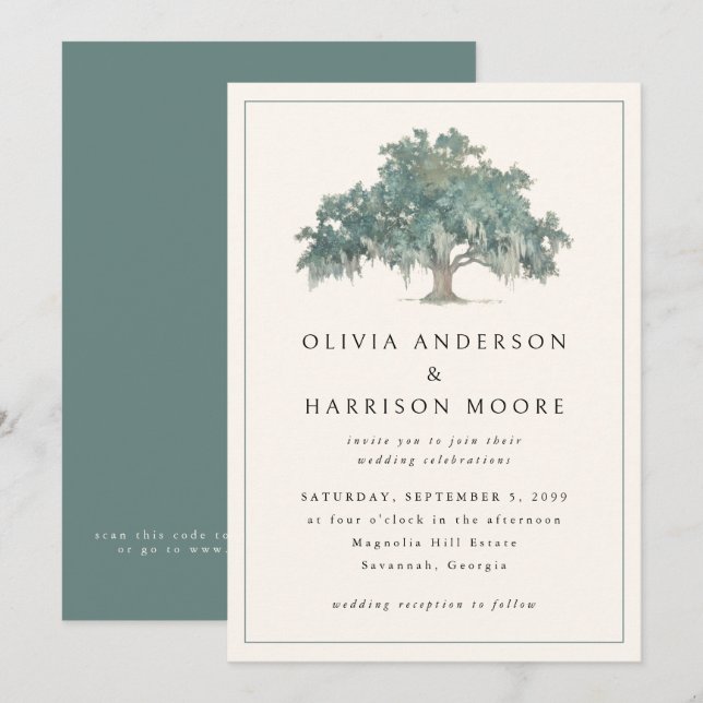 Elegant Oak Tree Green QR Code Southern Wedding Inbjudningar (Fram/baksida)