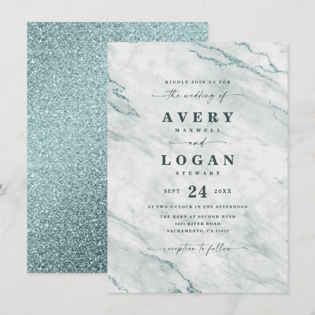 Elegant Ocean Aqua Marble & Glitter Bröllop Inbjudningar (Fram/baksida)