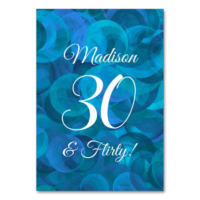 Elegant Ocean Blue 30 & Flirty Födelsedagsfest Bordsnummer (Framsidan)