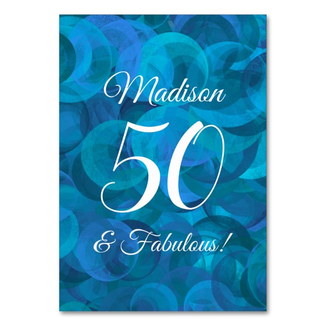 Elegant Ocean Blue 50 och Fabulous Födelsedagsfest Bordsnummer (Framsidan)
