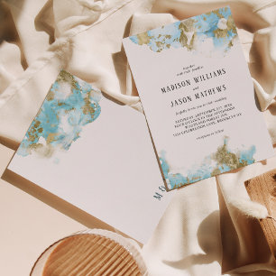 Elegant Ocean Blue Gold foil Monogram Bröllop Inbjudningar
