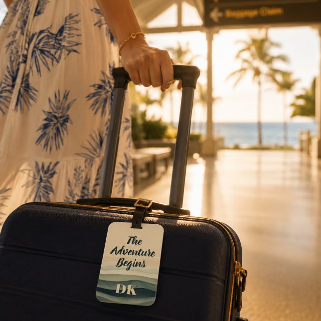 Elegant Ocean Strand Bröllops Monogram Bagagebricka (Travel Destination Monogrammed Luggage Tag. The Adventure Begins. Weddings, Beach Summer Trips)